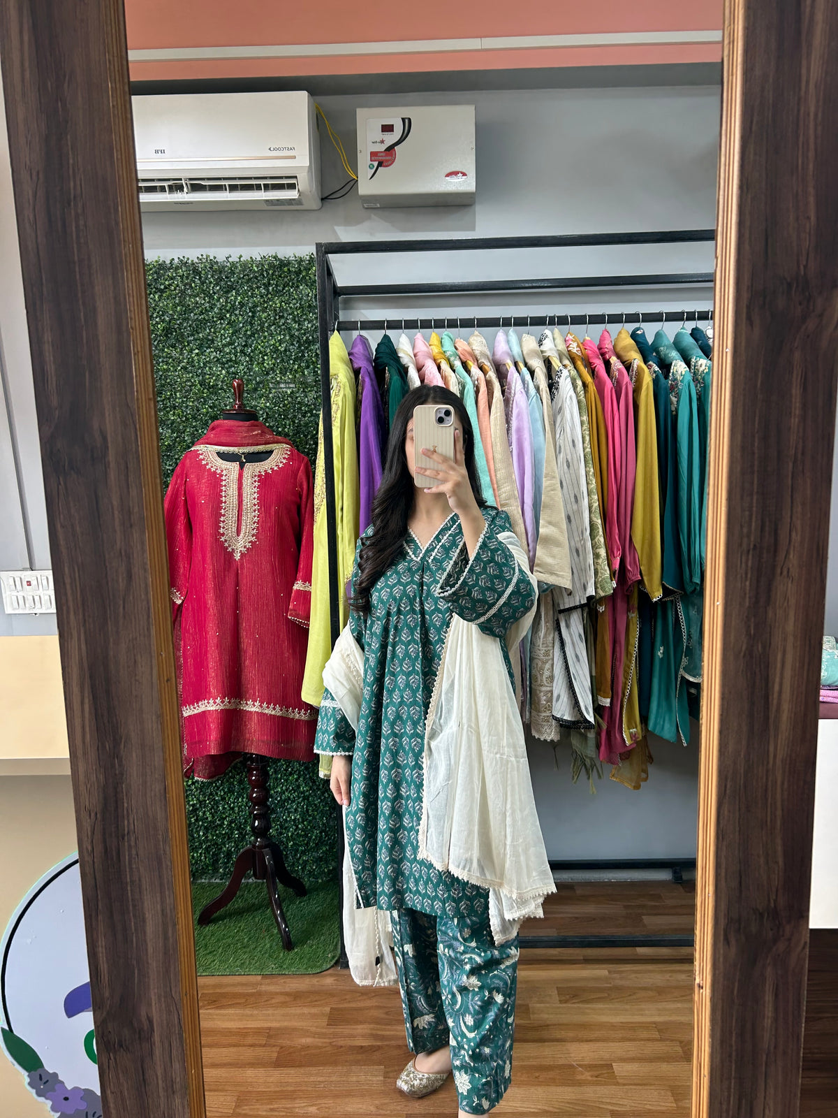 Teal Green &amp; Ivory White Hand Block Printed Pure Cotton 3-Piece Suit