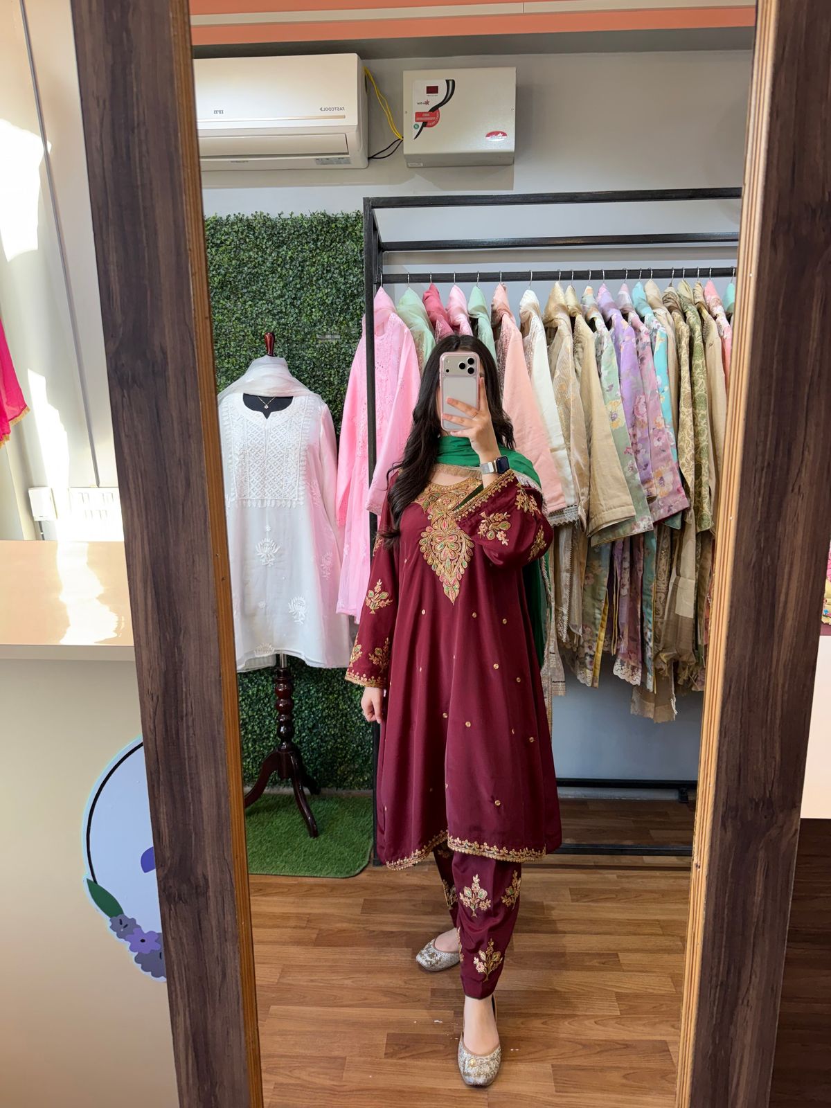 Royal Maroon And Green Tilla Embroidered Suit