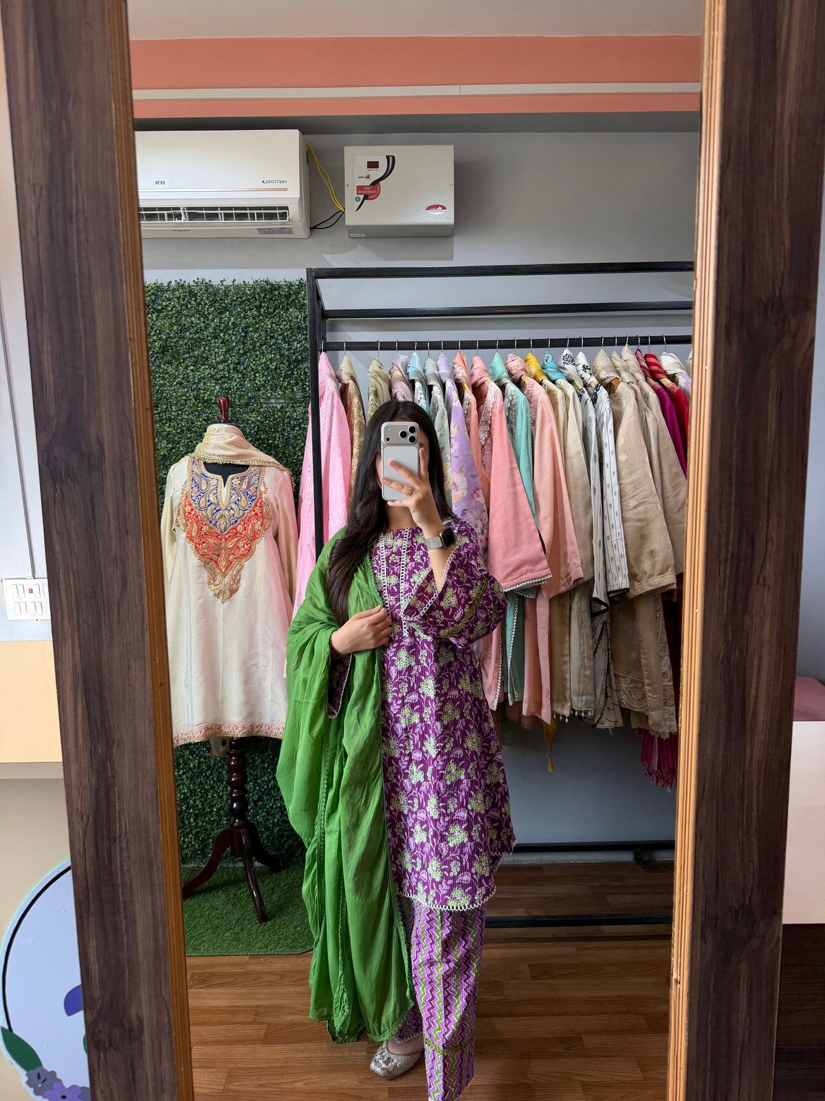 Royal Purple &amp; Emerald Green Hand Block Print Pure Cotton 3-Piece Suit