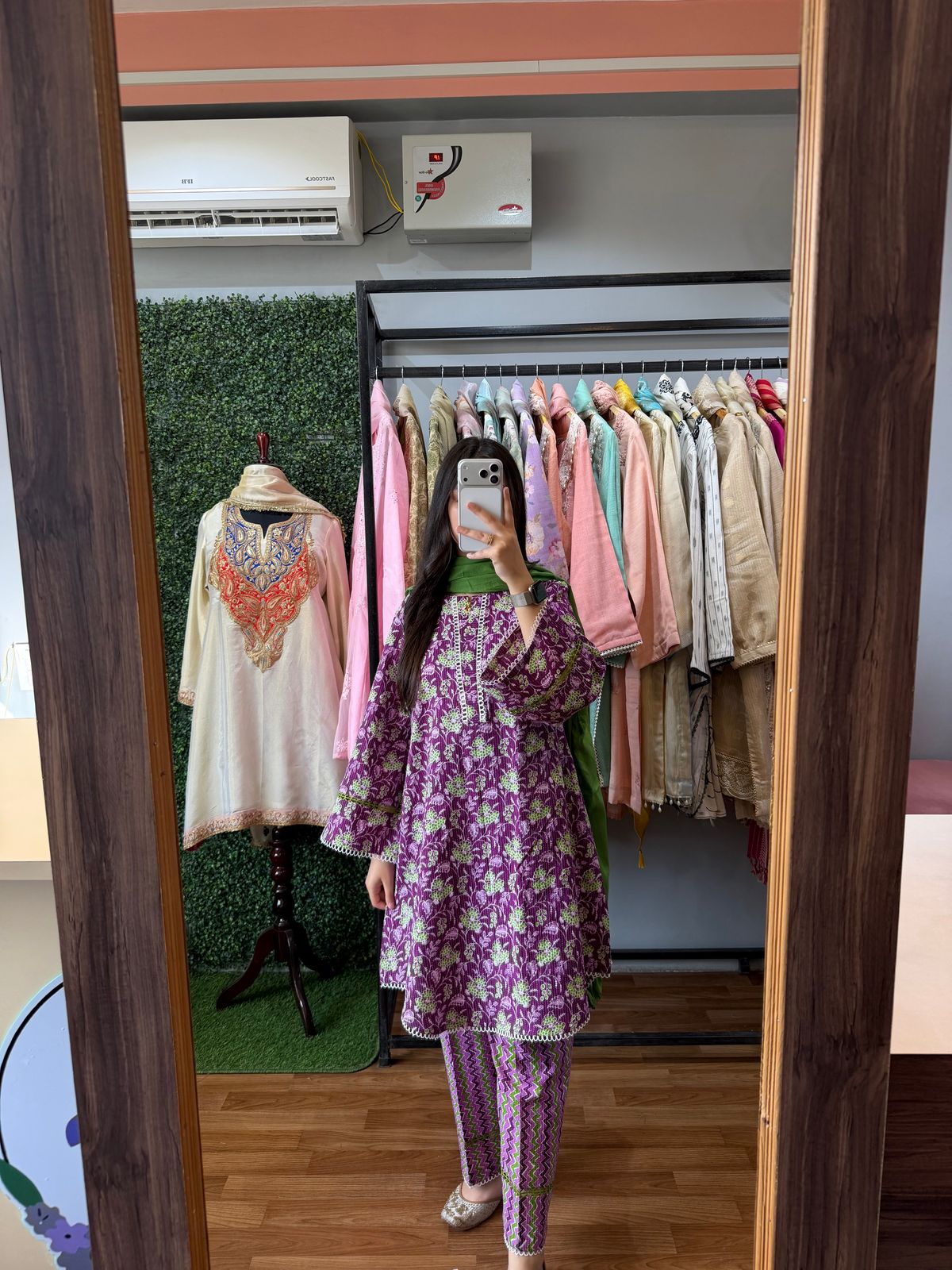 Royal Purple &amp; Emerald Green Hand Block Print Pure Cotton 3-Piece Suit