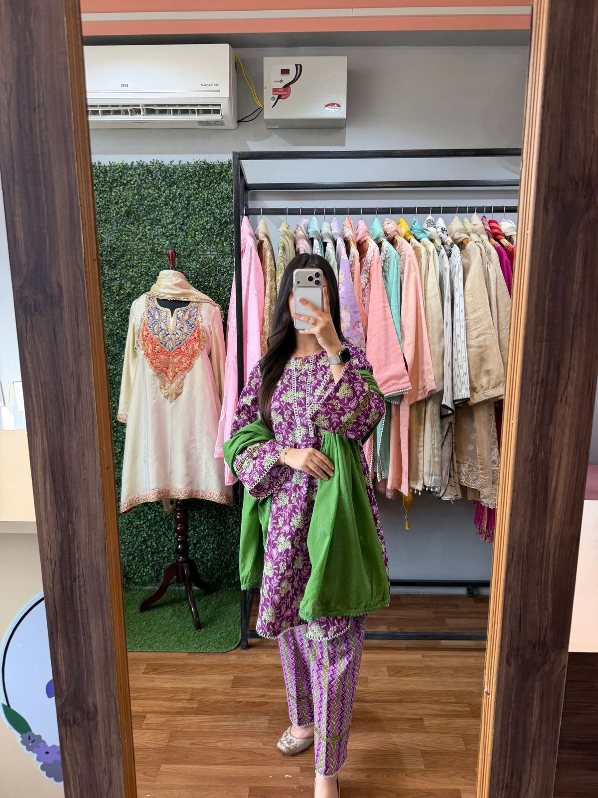 Royal Purple &amp; Emerald Green Hand Block Print Pure Cotton 3-Piece Suit